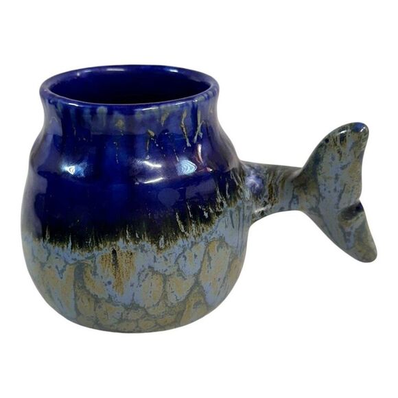 Doug Wylie Whale Tail 3d Dolphin Drip Glaze Pottery Mug Blue & Gray Ocean Cup - Picture 1 of 6